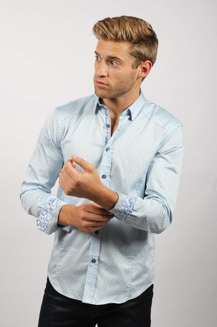 Sky Blue Polka Dots Button Down Shirt W/Trim Long Sleeve Button Down EightX   