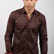 Black Paisley Button Down Shirt W/Trim H-1827 Long Sleeve Button Down EightX   
