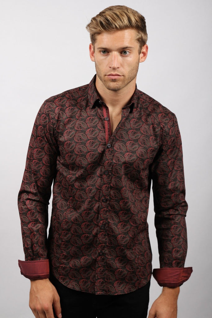 Black Paisley Button Down Shirt W/Trim H-1827 Long Sleeve Button Down EightX   