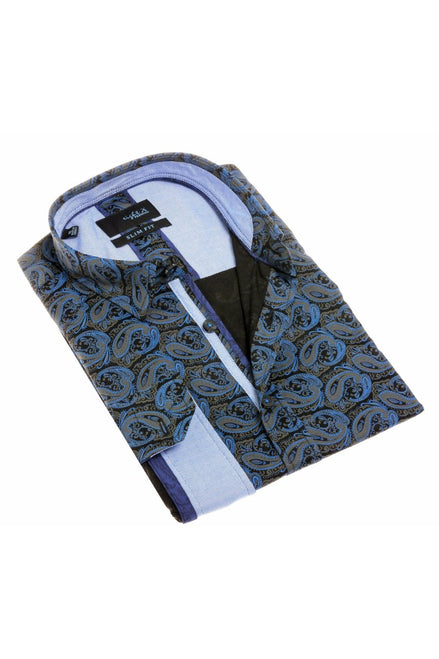 Navy Paisley Button Down Shirt W/Trim Long Sleeve Button Down EightX   
