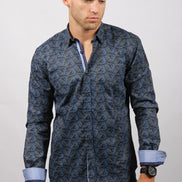 Navy Paisley Button Down Shirt W/Trim Long Sleeve Button Down EightX   