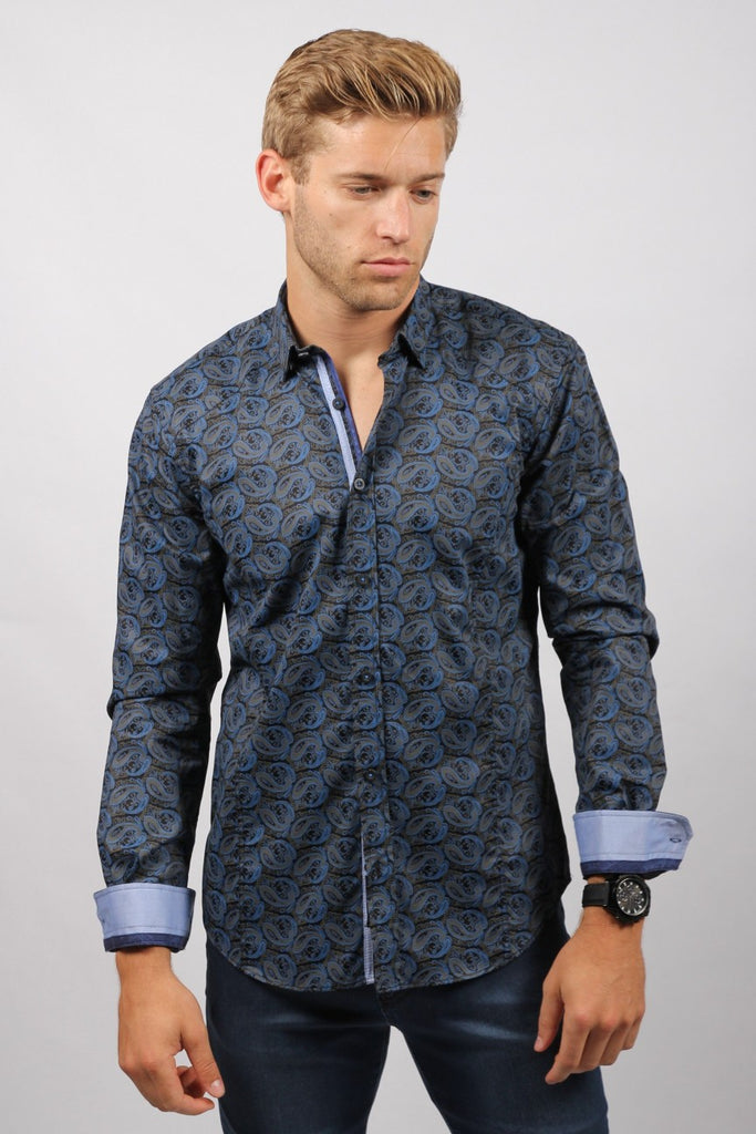 Navy Paisley Button Down Shirt W/Trim Long Sleeve Button Down EightX   