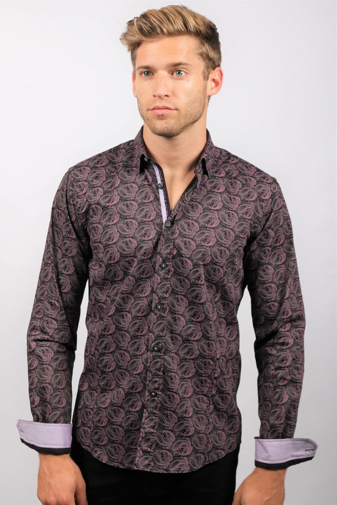 Black Paisley Button Down Shirt W/Trim Long Sleeve Button Down EightX   