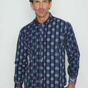 Navy Polka Dot Button Down Shirt W/Paisley Trim Long Sleeve Button Down EightX   