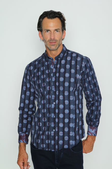 Navy Polka Dot Button Down Shirt W/Paisley Trim Long Sleeve Button Down EightX   