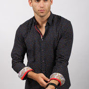 Navy Button Down Print W/Trim Long Sleeve Button Down EightX   