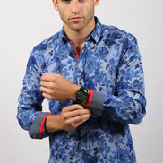 Blue Floral Button Down Print W/Trim Long Sleeve Button Down EightX   