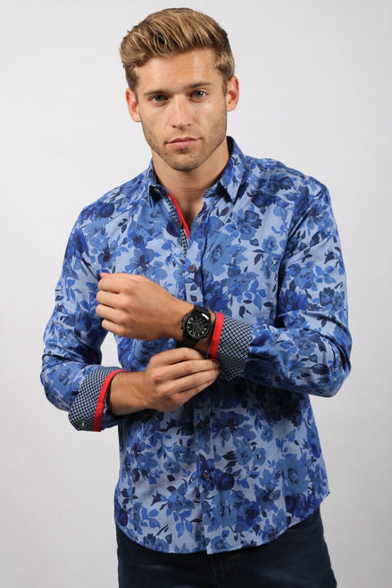 Blue Floral Button Down Print W/Trim Long Sleeve Button Down EightX   