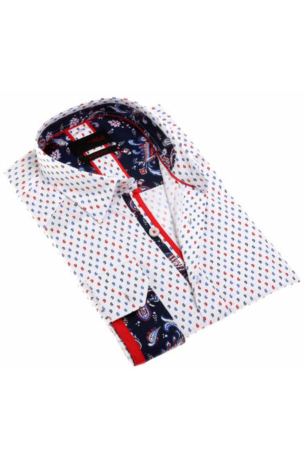 White Button Down Shirt W/Paisley Trim Long Sleeve Button Down EightX   
