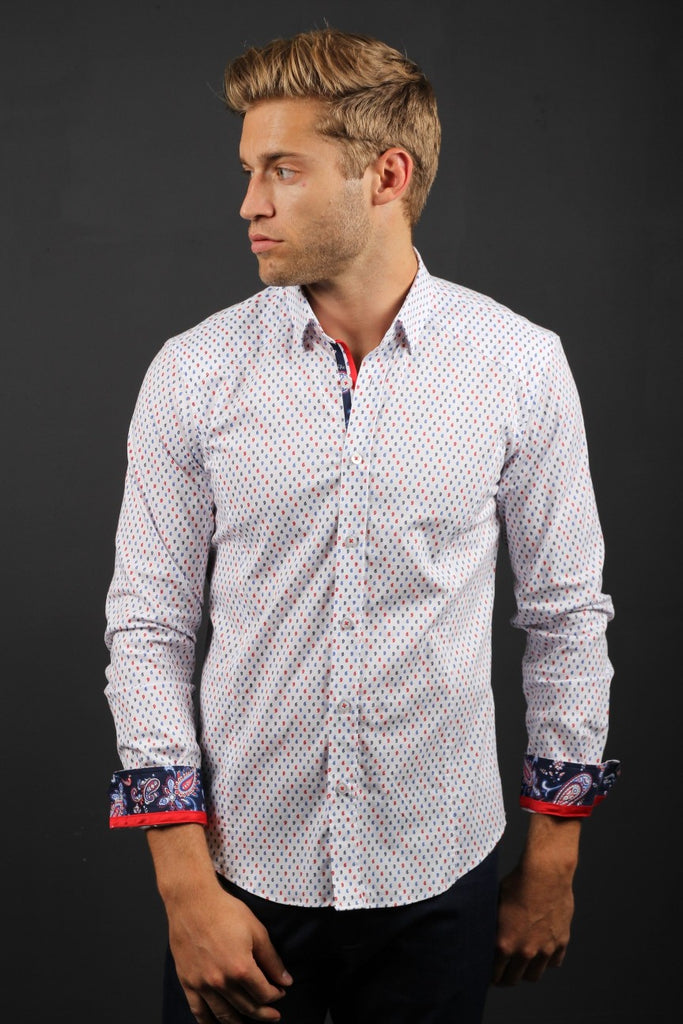 White Button Down Shirt W/Paisley Trim Long Sleeve Button Down EightX   