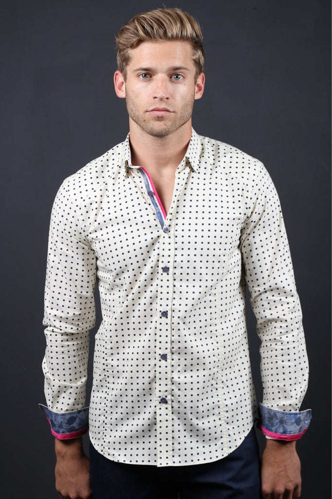 Beige Button Down Print Shirt W/Print Long Sleeve Button Down EightX   