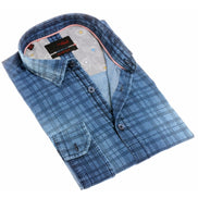 Navy Checkered Stone Wash Button Down Denim  Shirt Long Sleeve Button Down EightX   