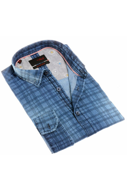 Navy Checkered Stone Wash Button Down Denim  Shirt Long Sleeve Button Down EightX   