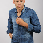 Navy Checkered Stone Wash Button Down Denim  Shirt Long Sleeve Button Down EightX   