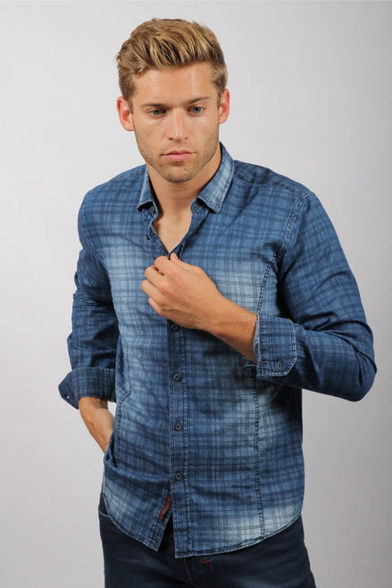 Navy Checkered Stone Wash Button Down Denim  Shirt Long Sleeve Button Down EightX   