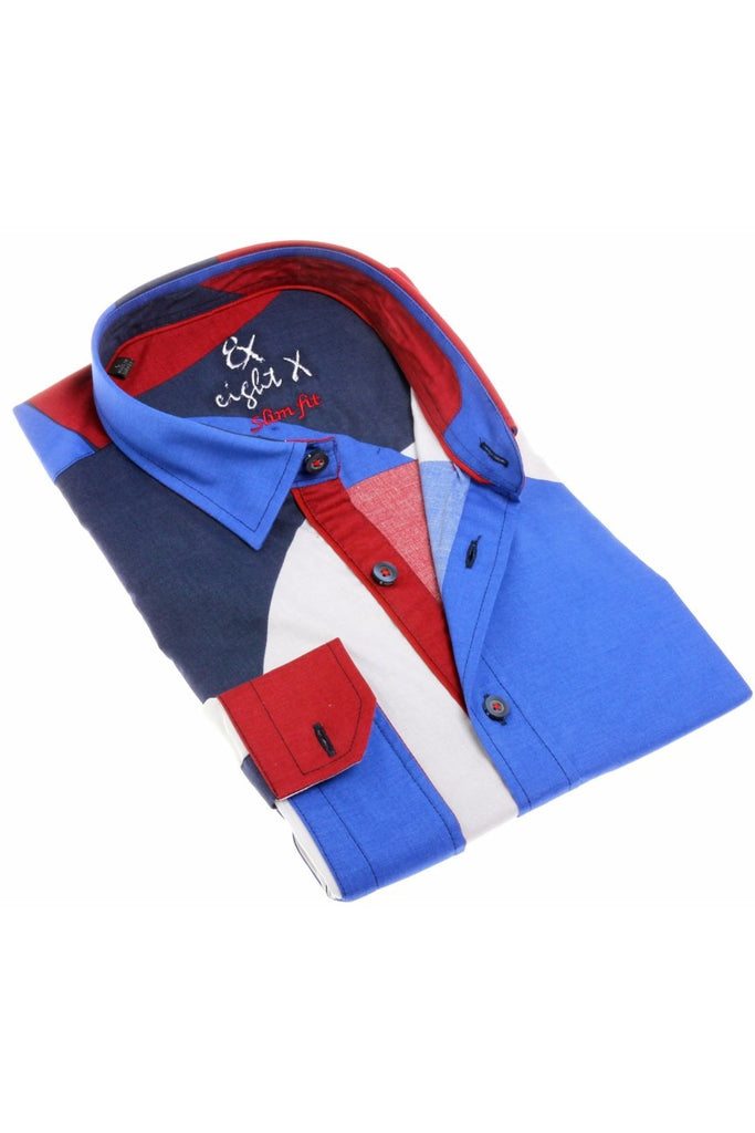 Navy Pattern Colors Button Down Print Shirt Long Sleeve Button Down EightX   