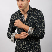 Oval Pattern Print Button Down Shirt W/ Floral Trim Long Sleeve Button Down EightX   
