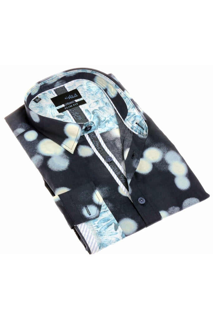 Navy Modern Spots Design Button Down Shirt Long Sleeve Button Down EightX   