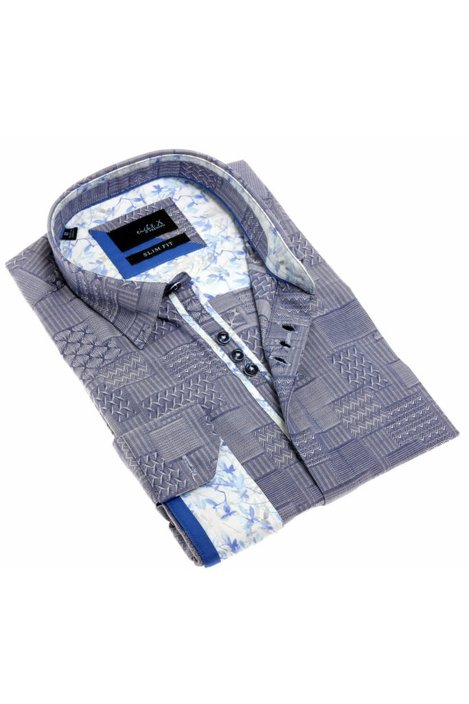 Navy Jacquard Button Down Shirt W/ Colorful Trim Long Sleeve Button Down EightX   