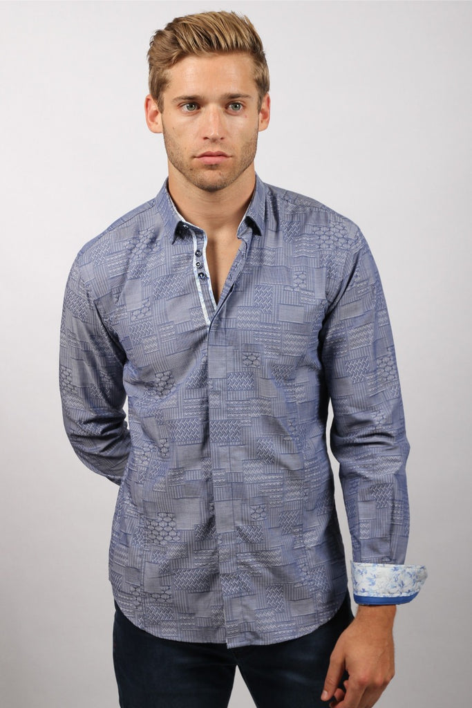 Navy Jacquard Button Down Shirt W/ Colorful Trim Long Sleeve Button Down EightX   