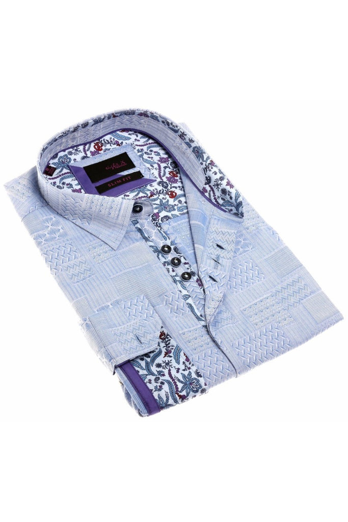 Blue Jacquard Button Down Shirt W/ Colorful Trim Long Sleeve Button Down EightX   