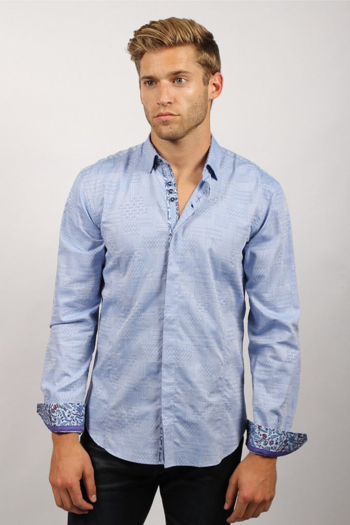 Blue Jacquard Button Down Shirt W/ Colorful Trim Long Sleeve Button Down EightX   