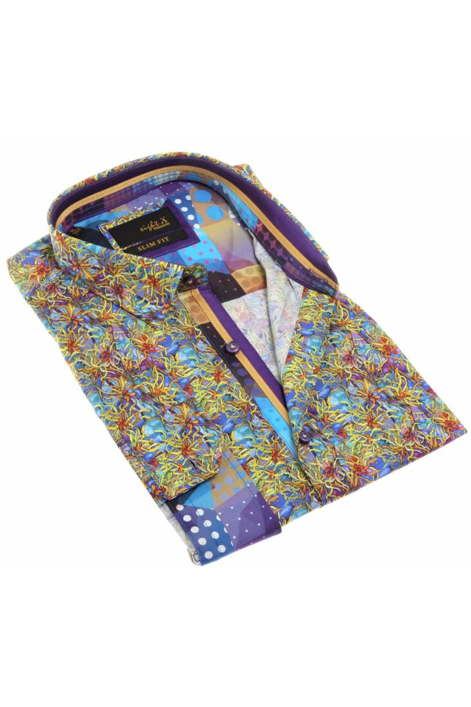 Multi Print Button Down Shirt W/ Trim Long Sleeve Button Down EightX   