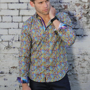 Multi Print Button Down Shirt W/ Trim Long Sleeve Button Down EightX   