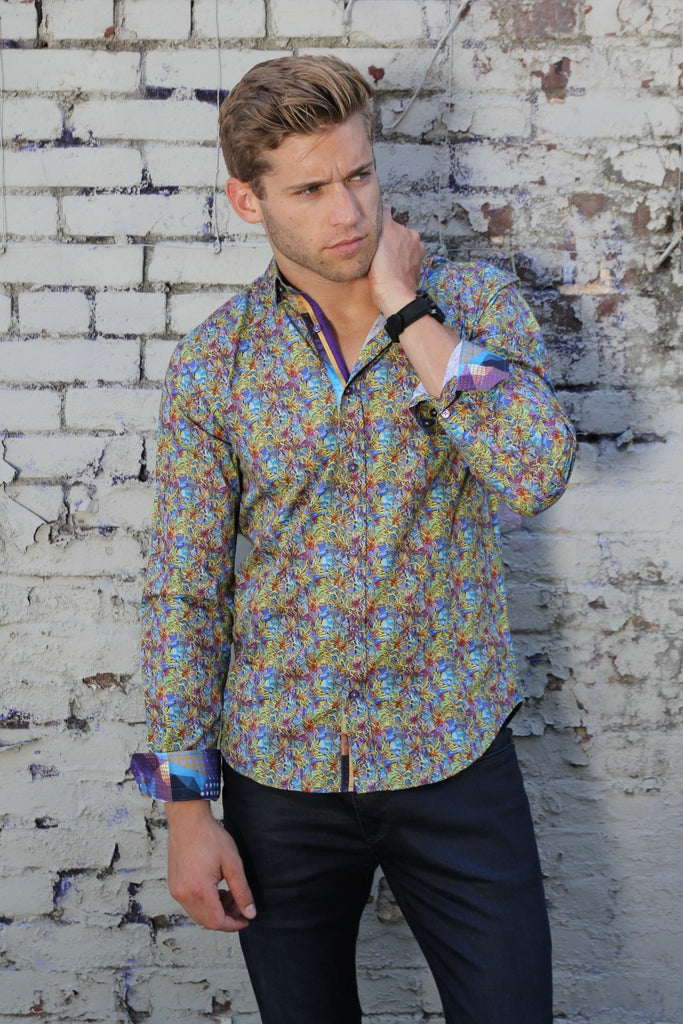 Multi Print Button Down Shirt W/ Trim Long Sleeve Button Down EightX   