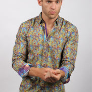 Multi Print Button Down Shirt W/ Trim Long Sleeve Button Down EightX   