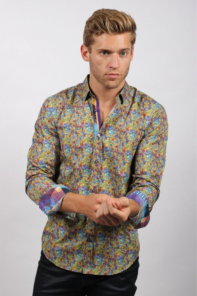 Multi Print Button Down Shirt W/ Trim Long Sleeve Button Down EightX   