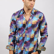 Multicolor Print Button Down Shirt W/ Trim Long Sleeve Button Down EightX   