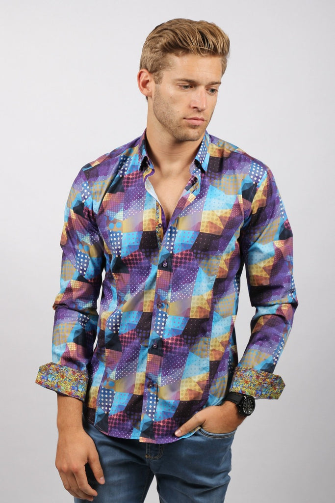 Multicolor Print Button Down Shirt W/ Trim Long Sleeve Button Down EightX   