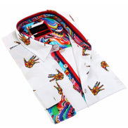 White Print Button Down Shirt W/Trim Long Sleeve Button Down EightX   