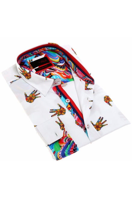White Print Button Down Shirt W/Trim Long Sleeve Button Down EightX   