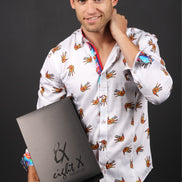 White Print Button Down Shirt W/Trim Long Sleeve Button Down EightX   