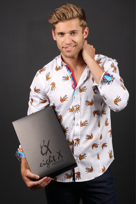 White Print Button Down Shirt W/Trim Long Sleeve Button Down EightX   