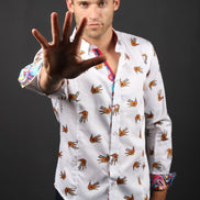 White Print Button Down Shirt W/Trim Long Sleeve Button Down EightX   