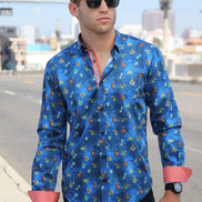 Navy Fish Print Button Down Shirt W/Trim Long Sleeve Button Down EightX   