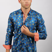 Navy Fish Print Button Down Shirt W/Trim Long Sleeve Button Down EightX   