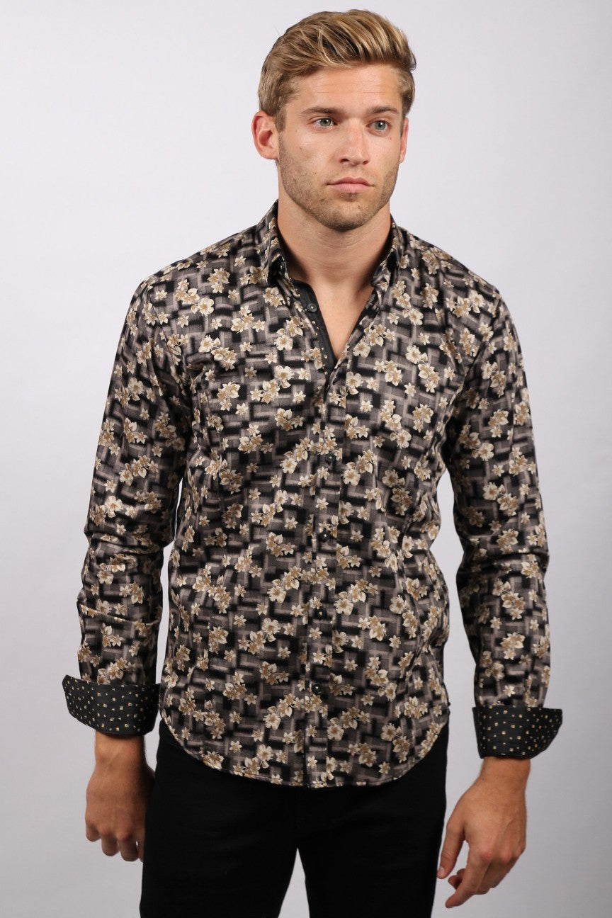 Black Floral Print Button Down Shirt W/Trim - Main Image