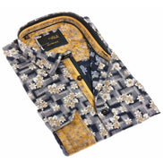 Navy Floral Print Button Down Shirt W/ Trim Long Sleeve Button Down EightX   
