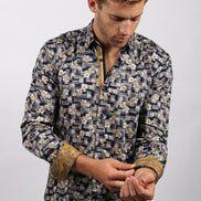 Navy Floral Print Button Down Shirt W/ Trim Long Sleeve Button Down EightX   