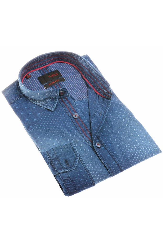 Pattern Jacquard Stone Wash Denim Button Down Shirt Long Sleeve Button Down EightX   