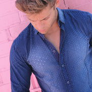 Pattern Jacquard Stone Wash Denim Button Down Shirt Long Sleeve Button Down EightX   