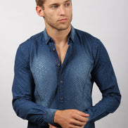 Pattern Jacquard Stone Wash Denim Button Down Shirt Long Sleeve Button Down EightX   