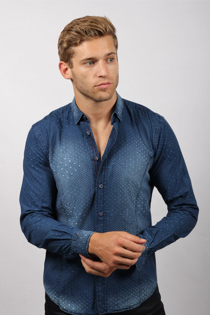 Pattern Jacquard Stone Wash Denim Button Down Shirt Long Sleeve Button Down EightX   