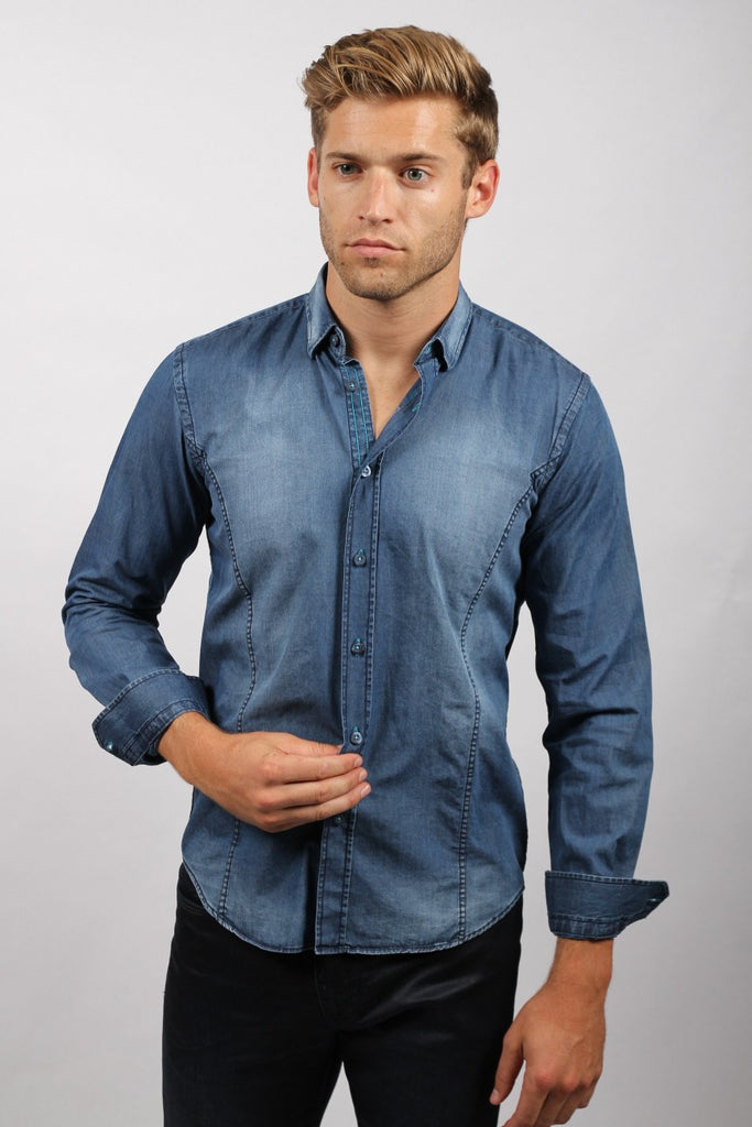 Navy Stone Wash Denim Button Down Shirt Long Sleeve Button Down EightX   