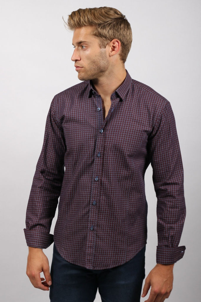 Bordeaux Pattern Denim Button Down Shirt Long Sleeve Button Down EightX   