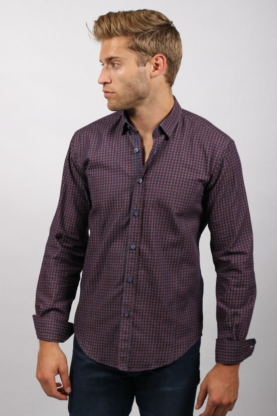 Bordeaux Pattern Denim Button Down Shirt Long Sleeve Button Down EightX   